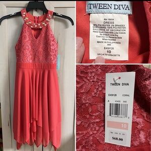 NWT-Girls Sz 10-Coral-Jeweled-Flowy-Layered Chiffon-High-Low-Tween Diva Dress